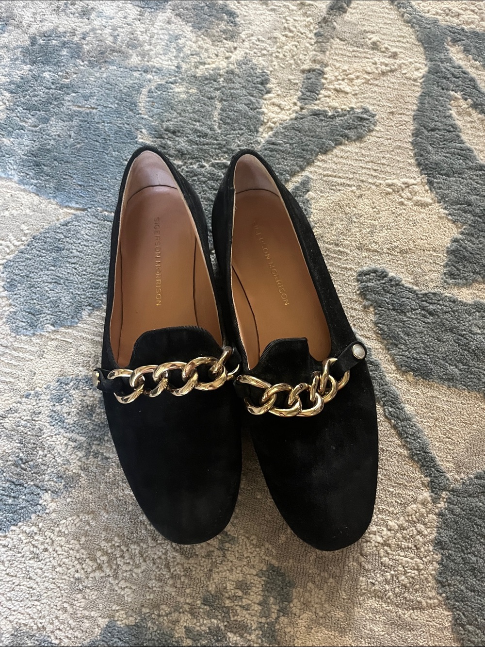Sigerson Morrison Black Suede Loafers with Gold Chain